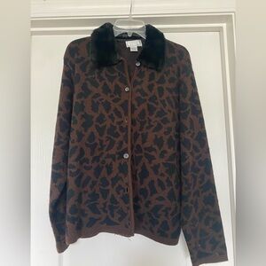 Jennifer Moore Leopard Print Sweater Jacket with Black Collar